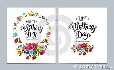 Template Happy Mother`s Day cards on light blue background. Lettering Happy Mothers Day in flower frame Stock Photo