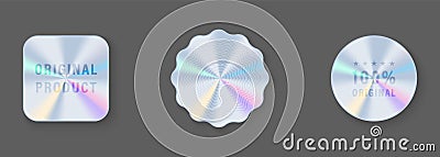 Template of Hologram Stickers Icon. Original Product Gradient Silver Holography Badge. Round, Square Holographic Stamp Vector Illustration