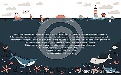 Template horizon with the bottom of the ocean and fauna. A ship, boats and a lighthouse with a fishing house. Marine inhabitants Cartoon Illustration