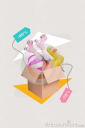 Template image drawing collage of surprise cardboard box with summer stuff for holidays special offer sale up to 70 90 Stock Photo