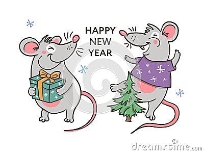 Template image Happy new year party with rat, white background new year 2020. Funny sketch mouse Vector illustration Cartoon Illustration