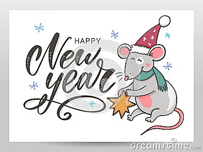 Template image Happy new year party with rat, white background new year 2020. Funny sketch mouse Vector illustration Cartoon Illustration