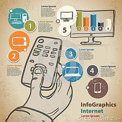 Template for infographic with hand with remote control and Smart Vector Illustration