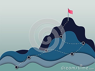 Roadmap concept with milestones. Paper cut vector illustration of mountains and red flag on mountain peak. Vector Illustration