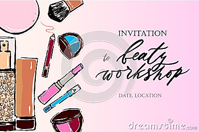 Template of invitation to beaty workshop on pink background Vector Illustration