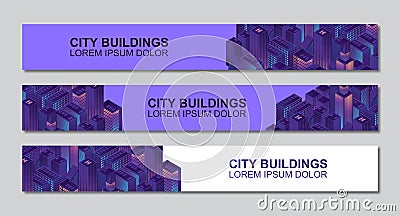 Template of isometric city buildings banner design with space for text. Modern third banner template design. Colorful thirds set Vector Illustration