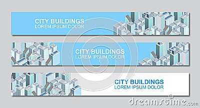 Template of isometric city buildings banner design with space for text. Modern third banner template design. Colorful thirds set Vector Illustration