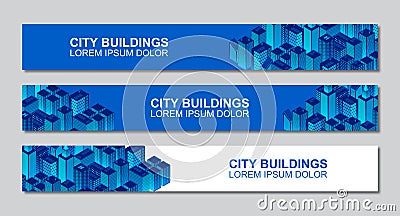 Template of isometric city buildings banner design with space for text. Modern third banner template design. Colorful thirds set Vector Illustration