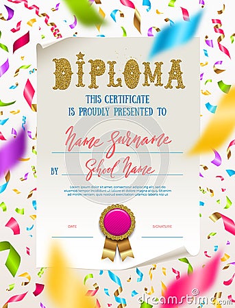 Template of kids diploma for kindergarten, school, preschool or playschool. Vector Illustration