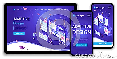 Template Landing page Isometric concept of web page design and development of mobile websites, adaptive design, applications Vector Illustration
