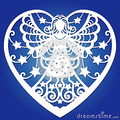 Template for laser cutting. Angel in a frame in the shape of a heart. Vector Vector Illustration