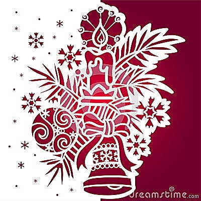 Template for laser cutting. Element of a greeting card with candles, fir branch and Christmas toys. Vector Vector Illustration