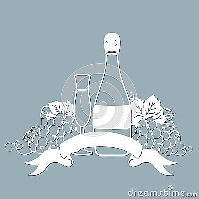 Template for laser cutting, plotter, and silkscreen printing. Vine. Grape. A bottle of champagne and a glass Vector Illustration