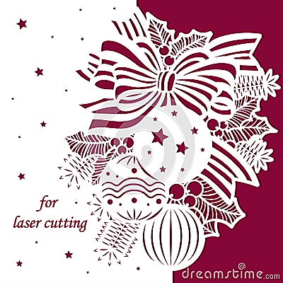 Template for laser cutting. Postcard layout with Christmas balls. Vector Vector Illustration