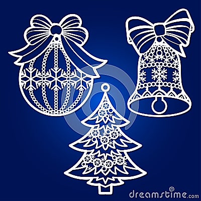 Template for laser cutting. A set of openwork Christmas tree decorations. Vector Vector Illustration