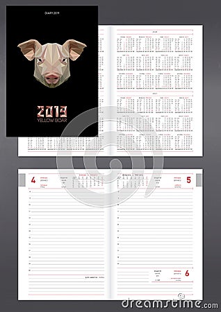 Daily planner for 2019 year with pig calendar Vector Illustration