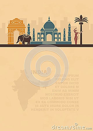 Template leaflets with a map and architectural landmarks of the India and place for text on old paper Vector Illustration