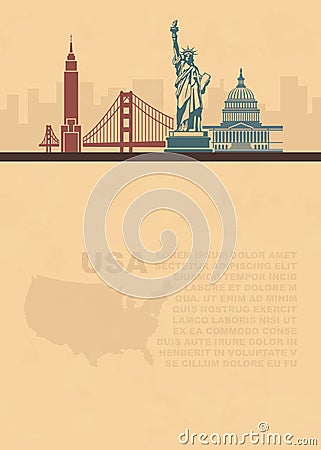 Template leaflets with a map and architectural landmarks of the USA and place for text on old paper Vector Illustration