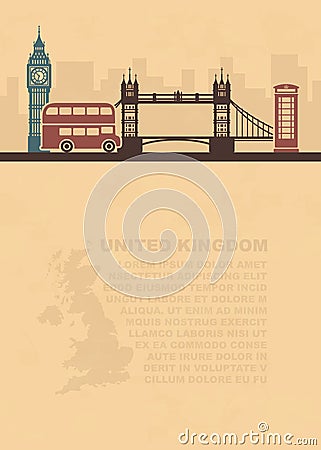 Template leaflets with a map of great Britain and landmarks of London Vector Illustration