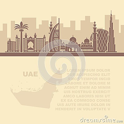 Template leaflets with a map of the UAE and Dubai attractions Vector Illustration