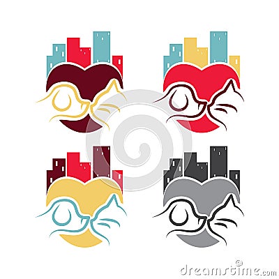 Template logo design with dog and cat in town for pet theme. Vector Illustration