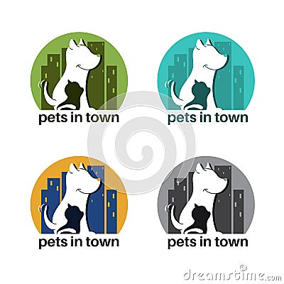 Template logo design with dog and cat in town for pet theme. Vector Illustration