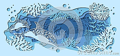 Template for making a lamp or postcard. vector image for laser cutting and plotter printing. fauna with marine animals Vector Illustration