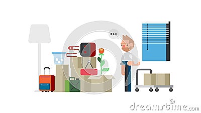 Man moving cardboard boxes to new house Vector Illustration