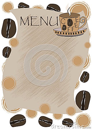 Template menu for a coffee house.Crack on a leaf background and coffee beans. Cartoon Illustration