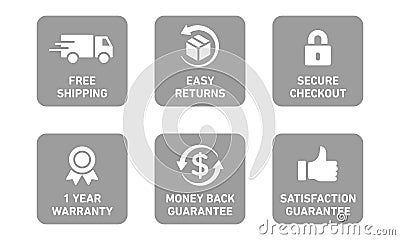 E-commerce security badges risk-free shopping icons set Vector Illustration