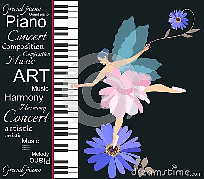 Template for musical banner with abstract text, flowers and cute little fairy girl playing on piano keyboard Vector Illustration