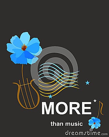 Template for musical banner with lyre in shape of blue cosmos flower and waves ornament symbolizing musical staff Vector Illustration