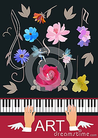 Template for musical banner with piano keyboard, winged hands, cute little fairy and elf, trble clef and musical notes as flowers Vector Illustration