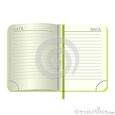 Template Open a blank notepad. Vector personal notebook with a green cover and bookmark. on white background. MockUp for Stock Photo