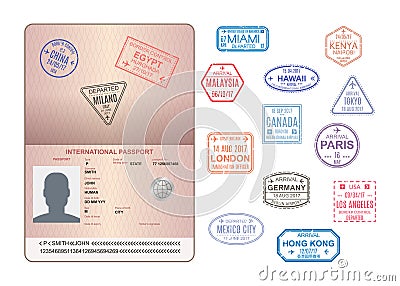 Template of an open passport with stamps, seals. Travel, immigration. Vector Illustration