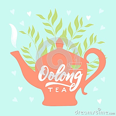 Template of package with hand draw teapot, text oolong tea, vapor, leaves, hearts blue background. Vector Vector Illustration