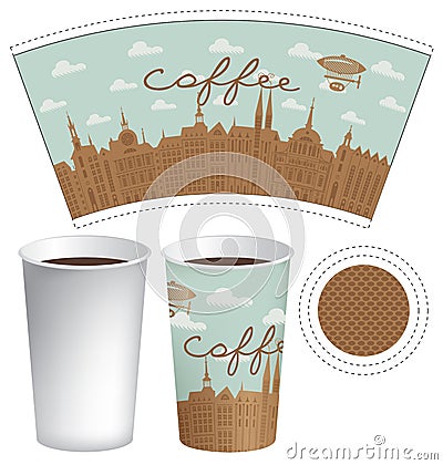 Template paper cup with old town and inscription Vector Illustration