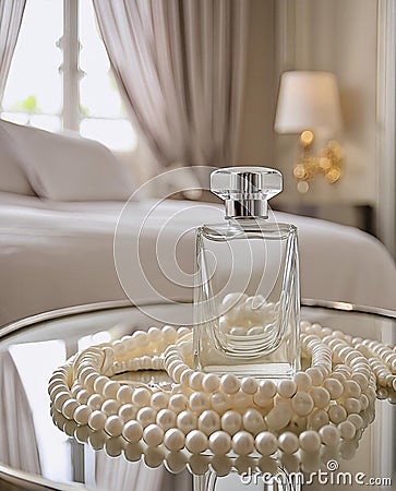A template of perfume bottle on a mirror surface with pearl necklace in a luxury bedroom Stock Photo