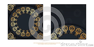 Template Postcard in black color with mandala gold ornament prepared for typography. Cartoon Illustration