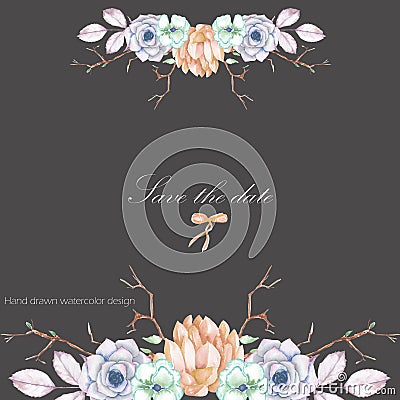 A template of a postcard with a floral ornament of the watercolor succulents, flowers, tree branches Stock Photo