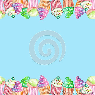 Template postcard with muffins at the top and bottom edge Stock Photo