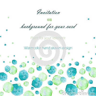 Template postcard with the watercolor green and turquoise bubbles (spots, blots), hand drawn on a white background Stock Photo