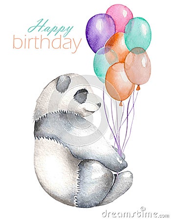 Template of postcard with watercolor illustration panda and air balloons Cartoon Illustration