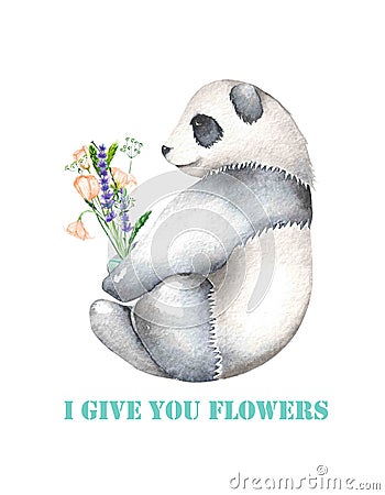 Template of postcard with watercolor illustration panda and bouquet of flowers Cartoon Illustration
