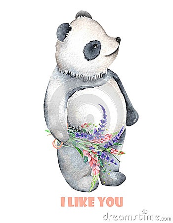 Template of postcard with watercolor illustration panda and bouquet of flowers Cartoon Illustration