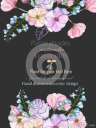 Template postcard with with watercolor tender flowers and leaves in pastel shades, hand drawn on a dark background Stock Photo