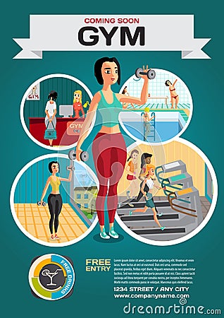 Template for a poster on the gym. Reception and gymnasium Vector Illustration