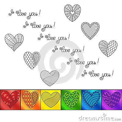 Template with Rainbow Squares with Colorful Hearts and Inscripti Vector Illustration