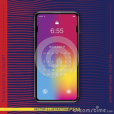 Template realistic black smartphone with a screen lock on a colour background. Phone with set of web icons and calendar. Flat vect Cartoon Illustration