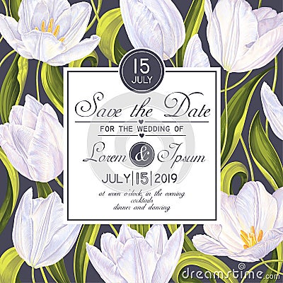 Save the date card template with realistic vector tulips. Vector Illustration